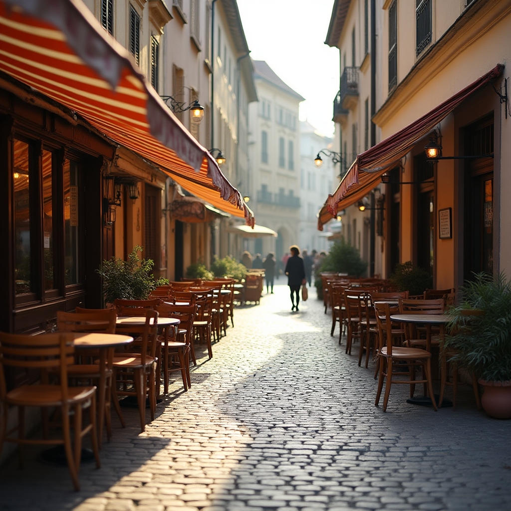 Stradă din Cluj-Napoca cu terase mici de cafenele dimineața