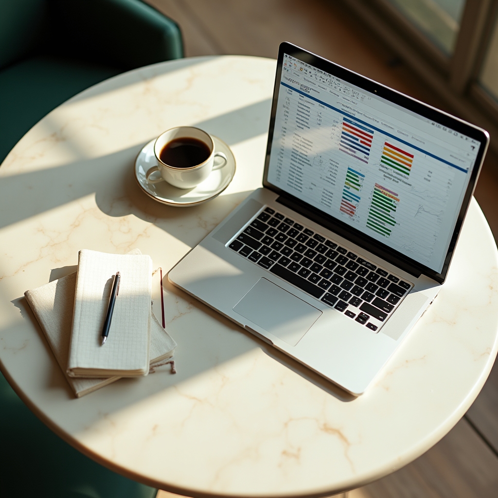 Laptop deschis cu un șablon Excel de gestiune a stocurilor pentru o cafenea